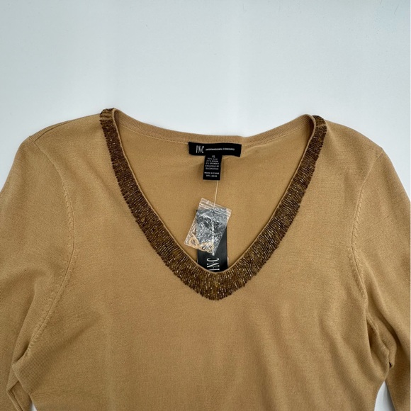 NWT INC International Concepts Gold Tan Holiday Sweater Gold Beading on V Neck - Picture 3 of 13